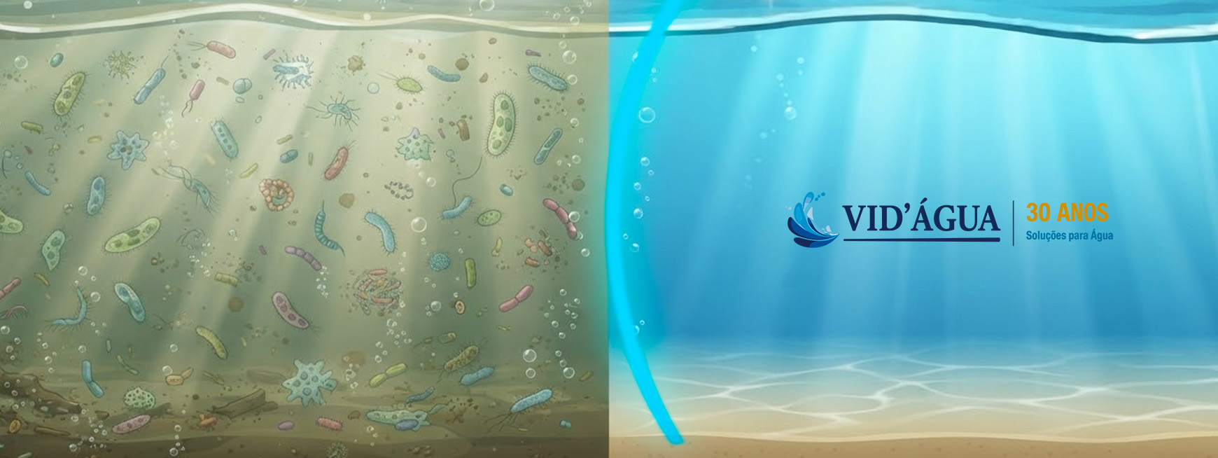 Ilustração de água contaminada por microrganismos em contraste com água limpa e tratada