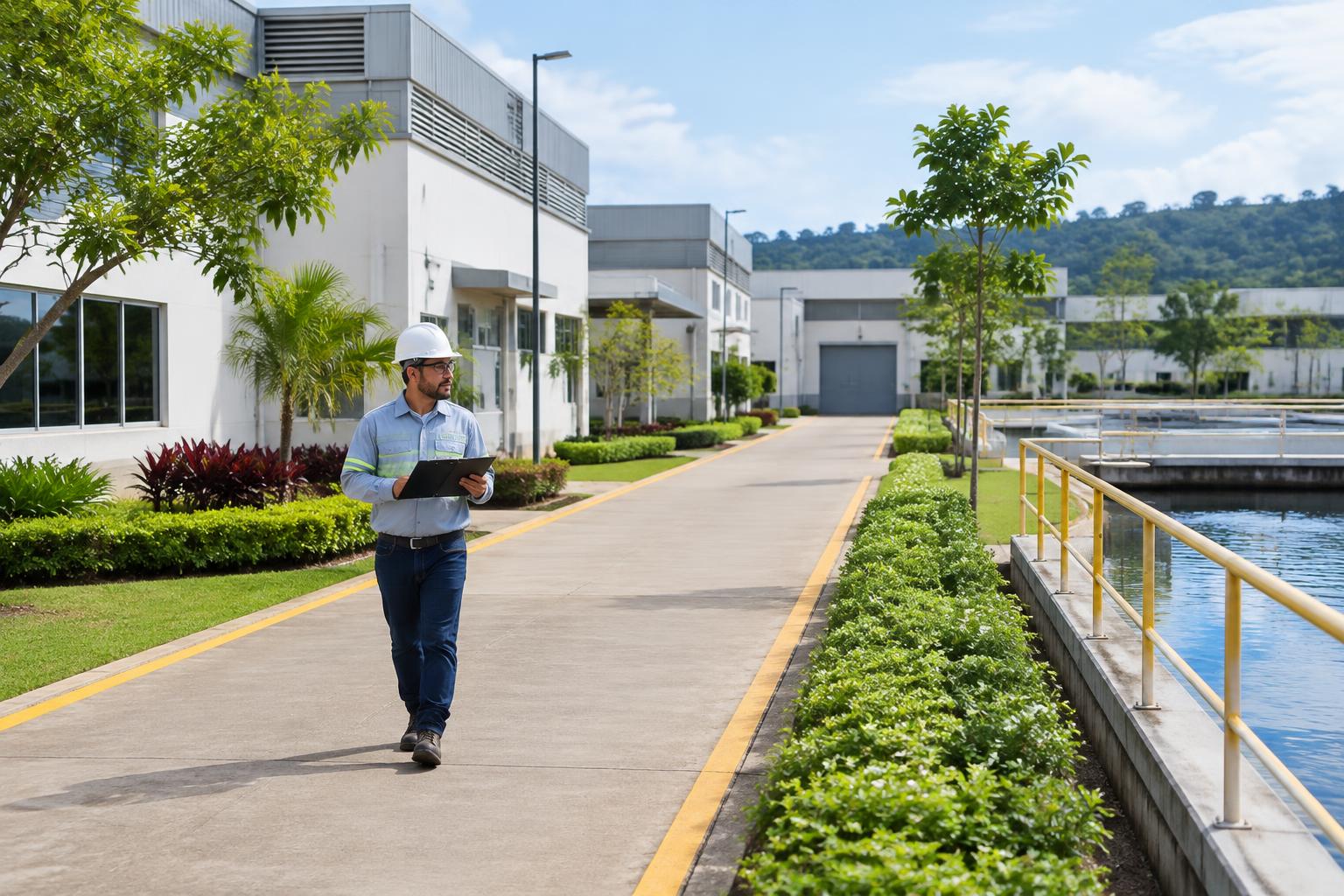 Ambiente industrial com áreas verdes e profissional em visita