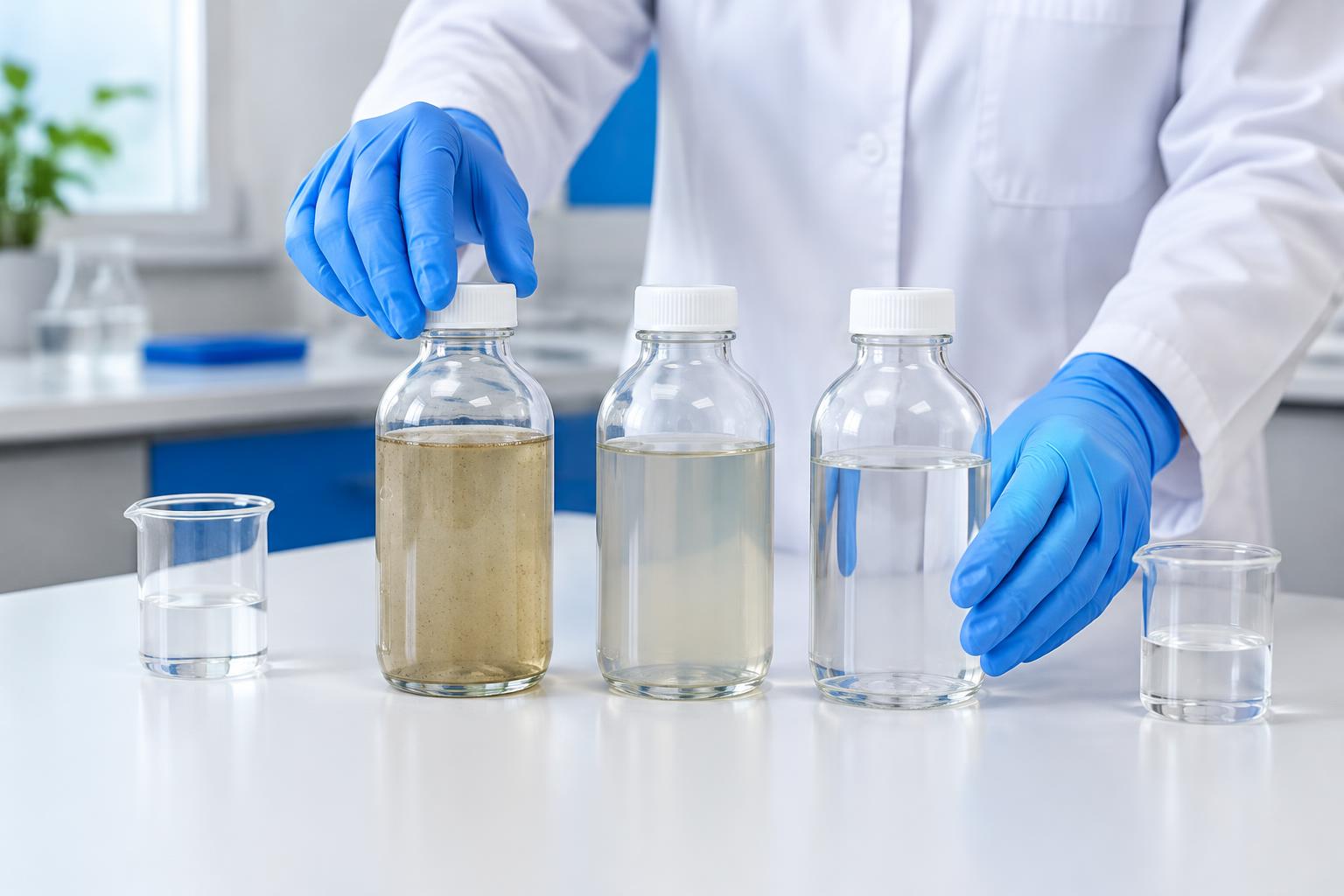 Amostras de água com diferentes aspectos em bancada de laboratório