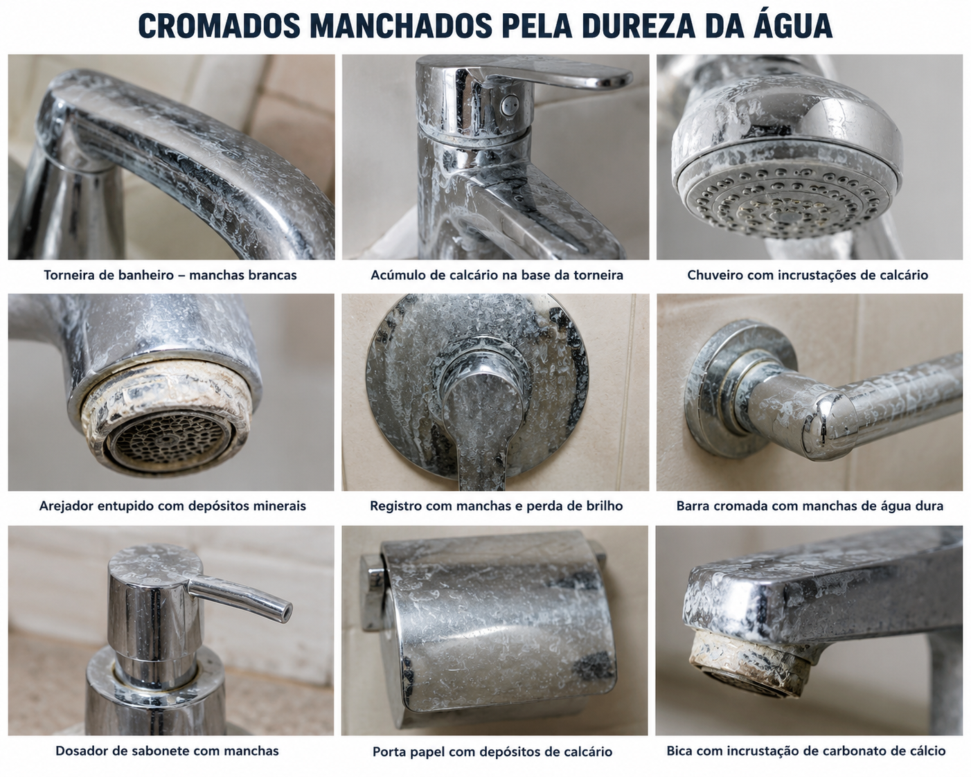 Torneiras, chuveiro, registro e outros cromados manchados pelo calcário da água dura