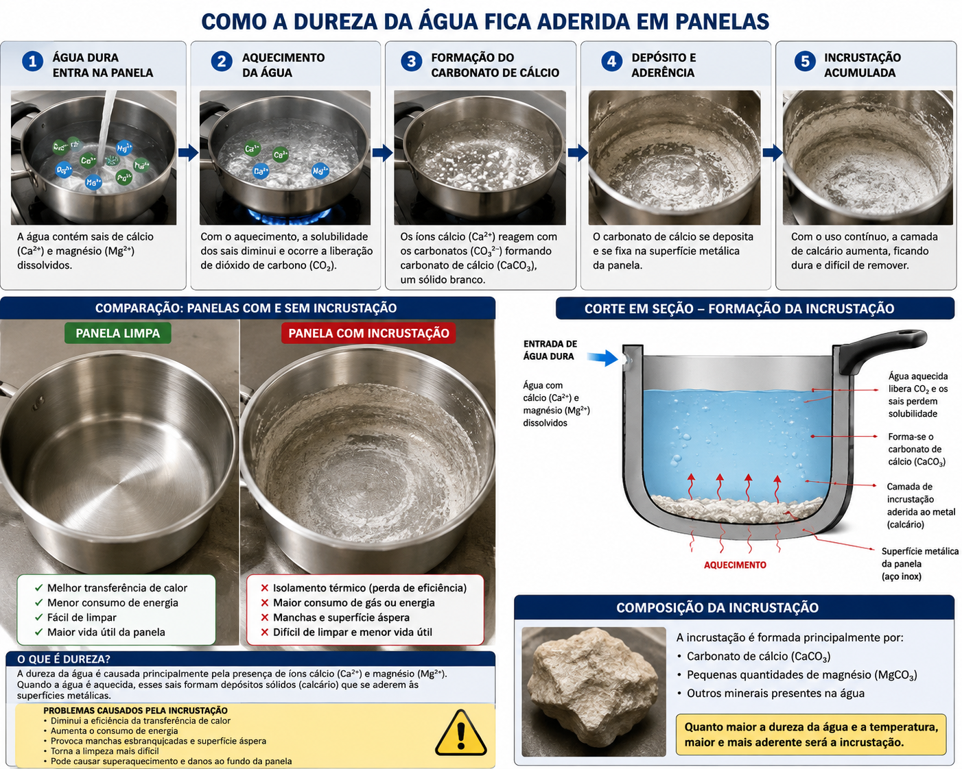Infográfico: como a dureza da água forma incrustação de carbonato de cálcio em panelas