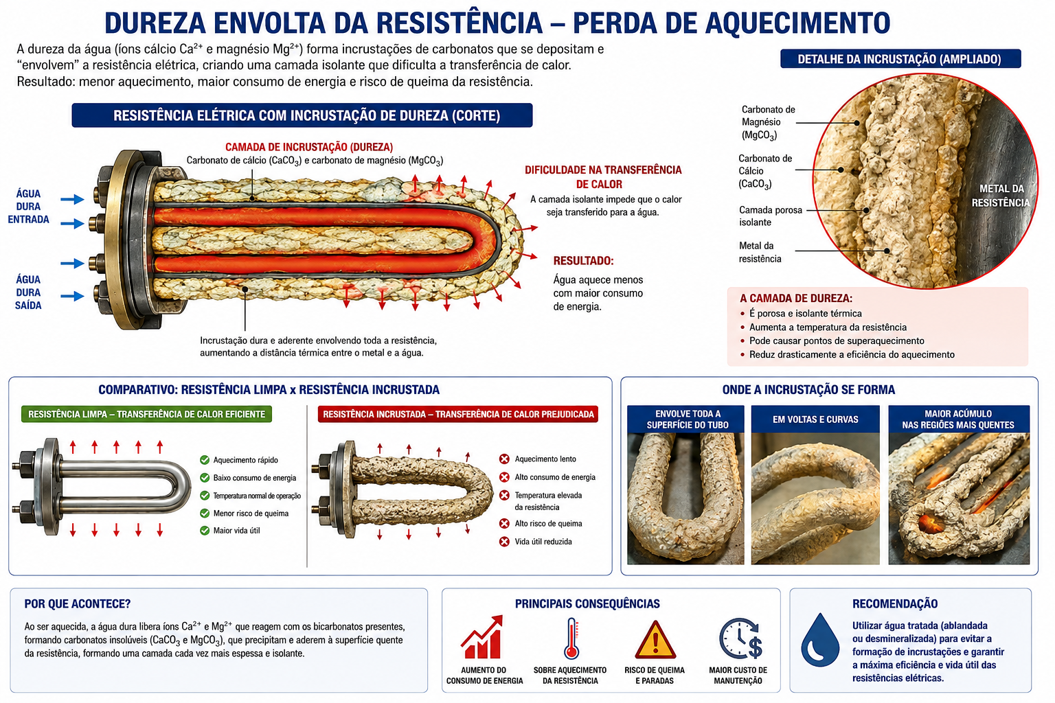 Infográfico: resistência elétrica limpa comparada a resistência incrustada pela dureza da água