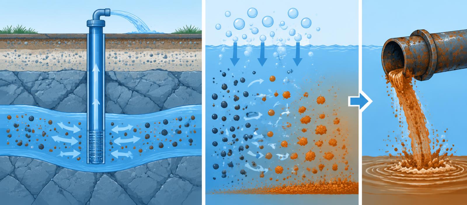 Ilustração da oxidação do ferro e manganês da água do poço e de tubulações antigas