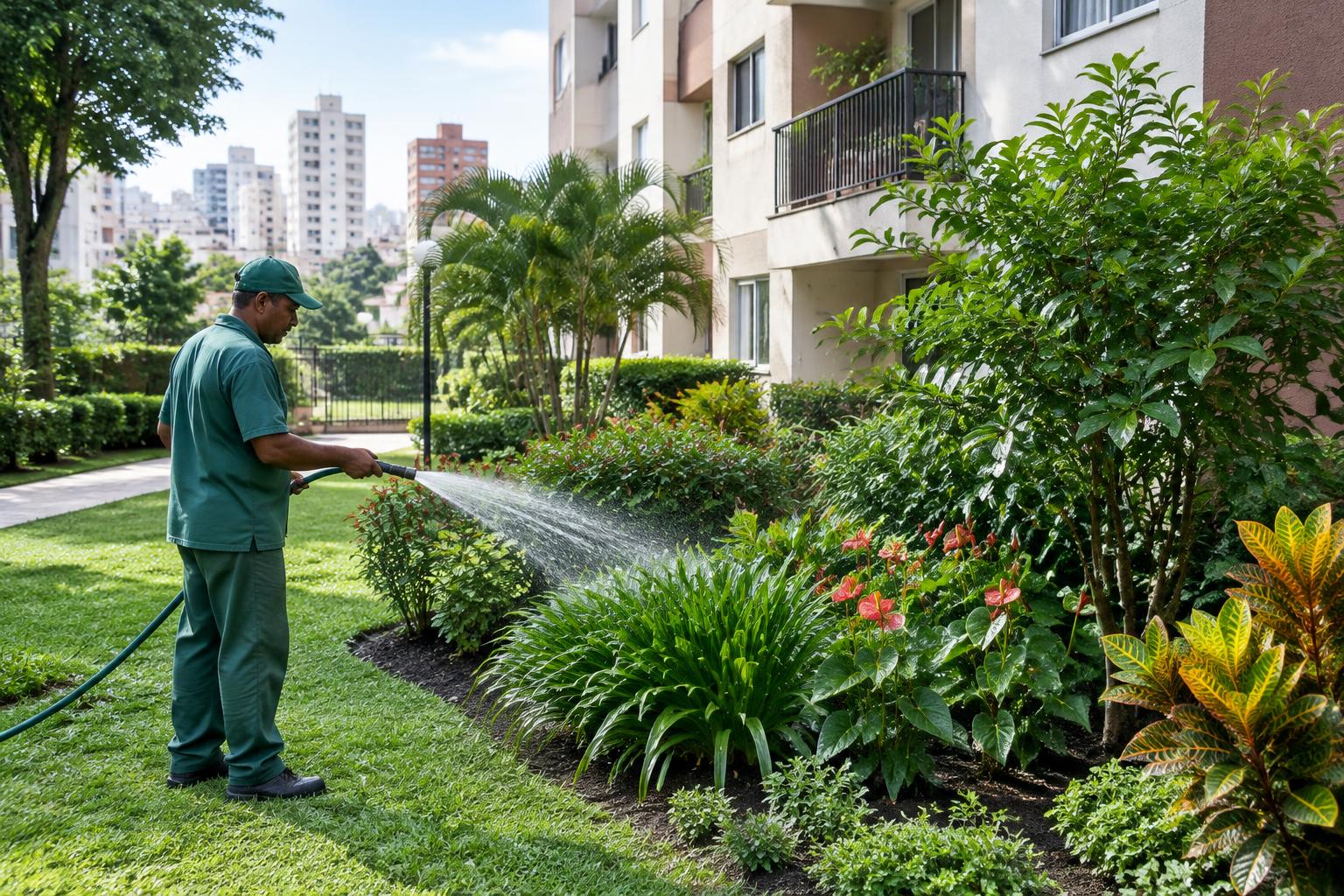 Irrigação de jardim em condomínio, aplicação de água de reuso